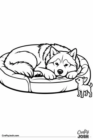Malamute taking up the whole dog bed while a small dog waits