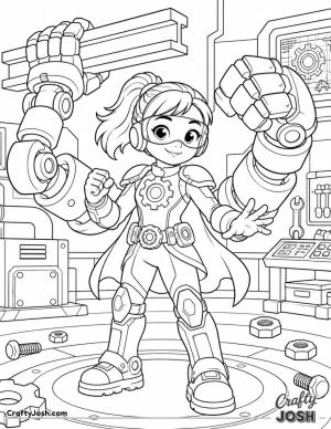 A brave superhero girl controls floating metal pieces that form two giant robotic arms in a friendly futuristic workshop