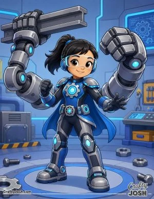 A brave superhero girl controls floating metal pieces that form two giant robotic arms in a friendly futuristic workshop