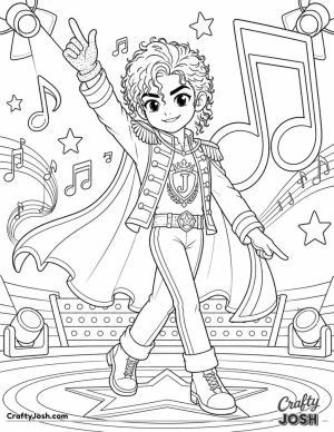 MJ the king of pop dancing on a glowing concert stage, surrounded by sparkling musical notes, shining stars, and bright spotlights that feel straight ..