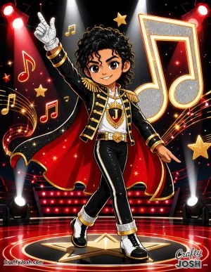 MJ the king of pop dancing on a glowing concert stage, surrounded by sparkling musical notes, shining stars, and bright spotlights that feel straight ..