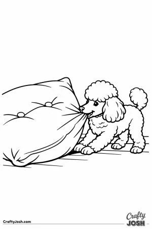 Miniature poodle dragging a cushion twice its own size