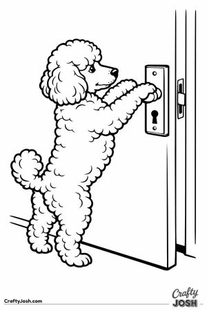 Miniature poodle pulling the door handle down to let itself out
