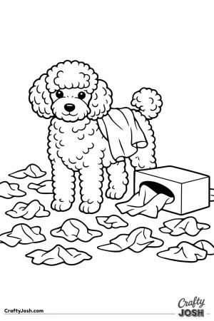 Miniature poodle standing among the tissues it pulled out