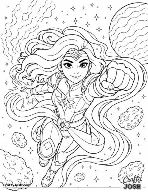 A brave cosmic superhero flies through outer space surrounded by swirling energy ribbons, stars, asteroids, and a distant planet.