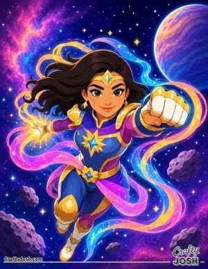 A brave cosmic superhero flies through outer space surrounded by swirling energy ribbons, stars, asteroids, and a distant planet.