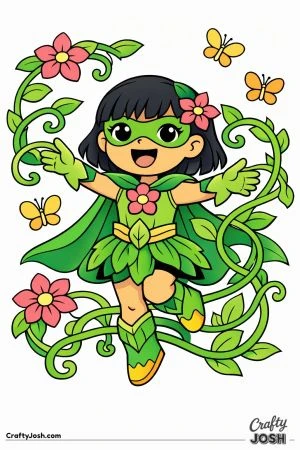 Natur Girl, controls magical vines and flowers while butterflies flutter around her.