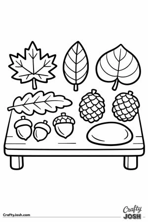 Nature table with leaves pinecones and acorns