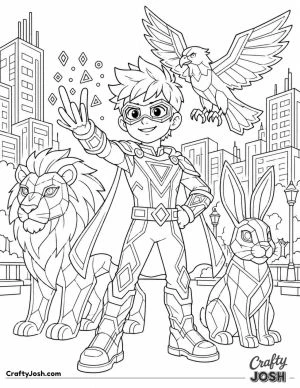 A confident young superhero creates a glowing neon lion, falcon, and rabbit that stand beside him in a bright nighttime city plaza