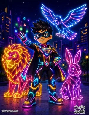 A confident young superhero creates a glowing neon lion, falcon, and rabbit that stand beside him in a bright nighttime city plaza