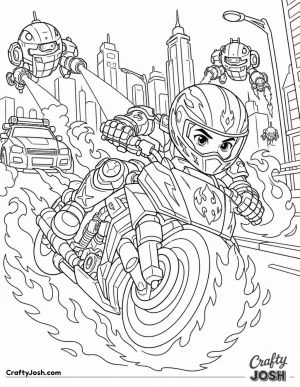 A fearless superhero speeds through a futuristic city on a powerful flame-covered motorcycle while robotic pursuers chase close behind.