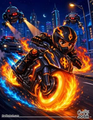 A fearless superhero speeds through a futuristic city on a powerful flame-covered motorcycle while robotic pursuers chase close behind.