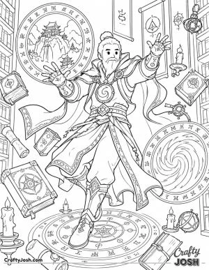 A old man version of Dr Strange, a superhero opens magical portals inside an ancient library while spell books, scrolls, relics, and candles surround ..