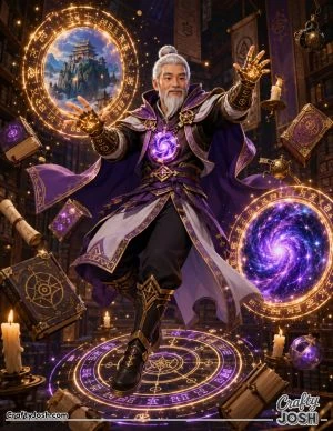 A old man version of Dr Strange, a superhero opens magical portals inside an ancient library while spell books, scrolls, relics, and candles surround ..
