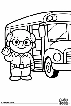 Older bus driver with glasses waving beside the door