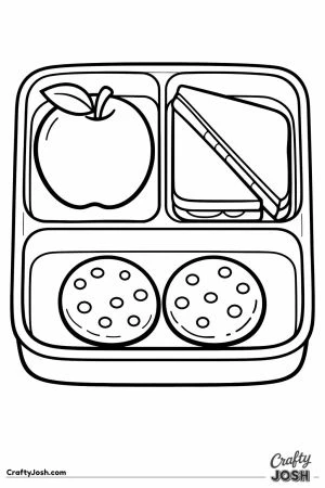 Open lunchbox holding an apple a sandwich and two cookies