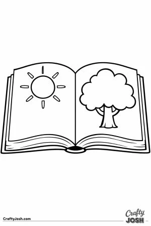 Open storybook with a simple sun and tree on its pages