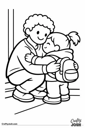 Parent crouching down for a doorstep hug before school