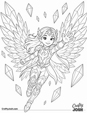 A brave superhero flies through the sky with enormous crystal phoenix wings while sparkling crystal feathers float all around her