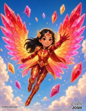 A brave superhero flies through the sky with enormous crystal phoenix wings while sparkling crystal feathers float all around her