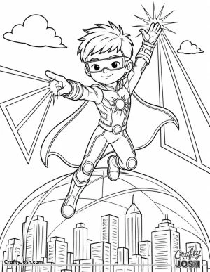 A smiling superhero flies high above a simple city skyline while creating giant light beams and a protective dome with his glowing powers