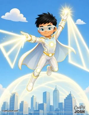 A smiling superhero flies high above a simple city skyline while creating giant light beams and a protective dome with his glowing powers