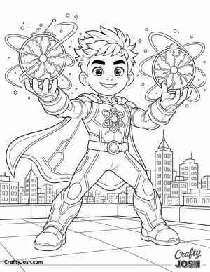 A cheerful superhero stands on a rooftop while creating glowing energy spheres surrounded by floating rings, with a simple city skyline in the ..