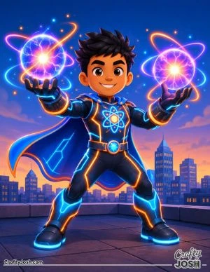 A cheerful superhero stands on a rooftop while creating glowing energy spheres surrounded by floating rings, with a simple city skyline in the ..