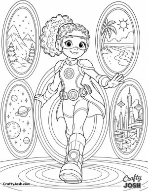 A smiling superhero girl steps through glowing portals that each lead to a different world, including snowy mountains, a sunny beach, outer space, ..