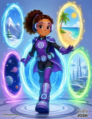 A smiling superhero girl steps through glowing portals that each lead to a different world, including snowy mountains, a sunny beach, outer space, ..