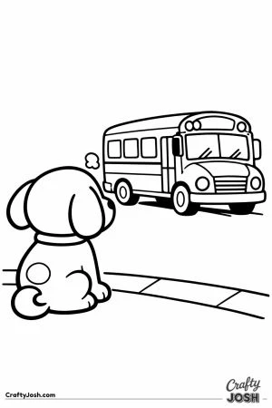 Puppy sitting on the sidewalk watching the school bus