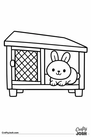 Rabbit hutch with a round rabbit looking out