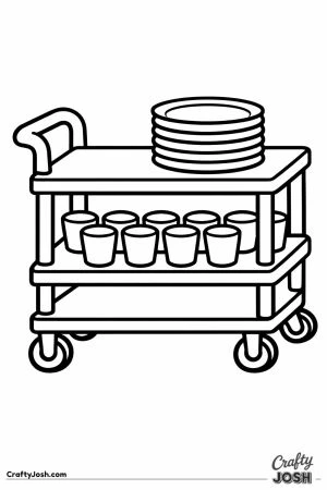 Rolling lunch cart stacked with trays and cups