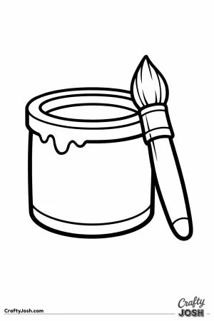 Round paint pot with a thick brush leaning against it
