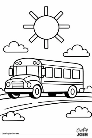 School bus driving along under a big round sun