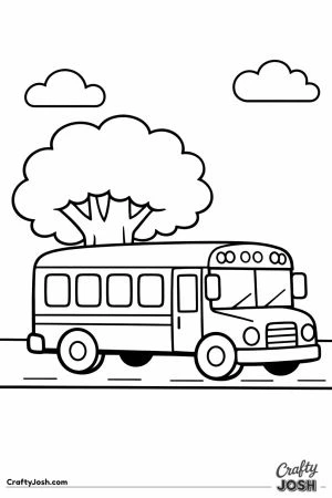 School bus driving past one big round tree