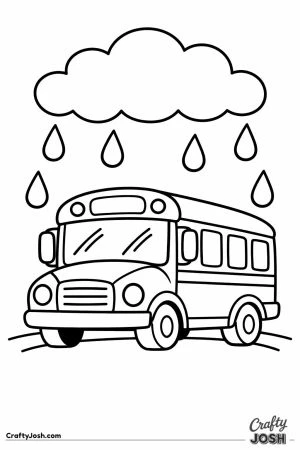 School bus driving through the rain under a cloud