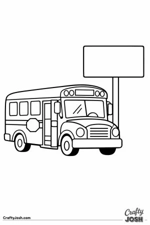 School bus stopped beside a tall blank signpost