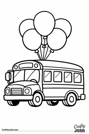 School bus with five balloons tied to its mirror