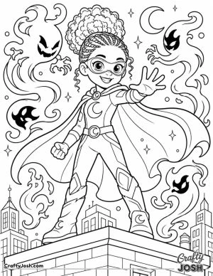 Shadow superhero stands proudly on a rooftop while magical shadow creatures swirl around her, wearing a moon-themed costume with a cape, gloves, ..