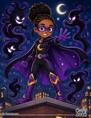 Shadow superhero stands proudly on a rooftop while magical shadow creatures swirl around her, wearing a moon-themed costume with a cape, gloves, ..