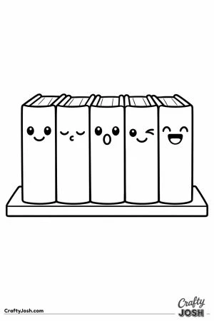 Shelf of five kawaii books with different faces