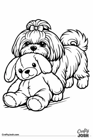 Shih tzu dragging a toy nearly as big as itself