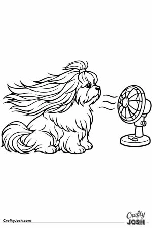 Shih tzu sitting in front of a fan with its coat streaming back