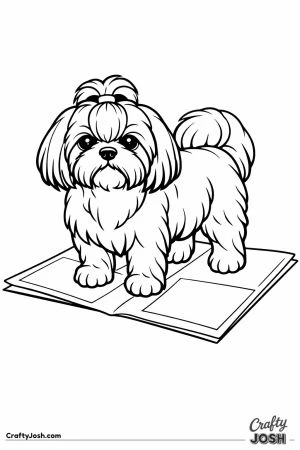 Shih tzu standing firmly in the middle of the newspaper
