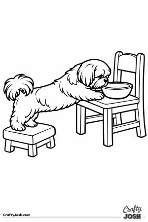 Shih tzu stretching from a footstool to reach a bowl