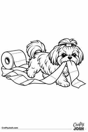 Shih tzu trailing a long ribbon of unrolled paper