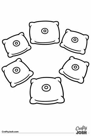 Six floor cushions arranged in a circle
