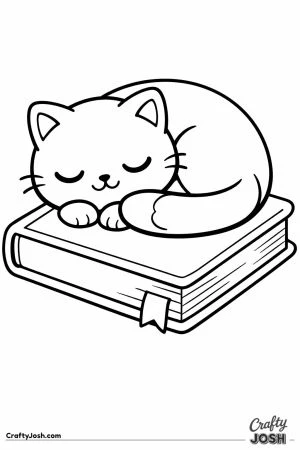 Sleepy cat curled up on top of a big book