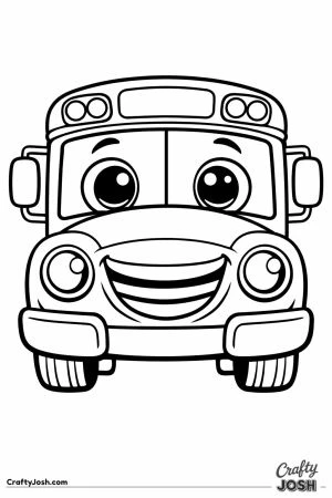 Smiling school bus with headlight eyes and a grille smile